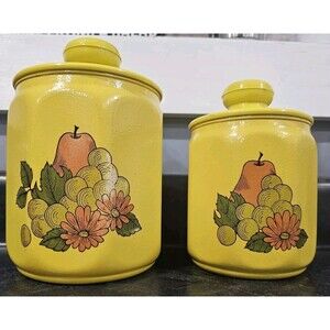 Vintage Kromex Faceted Aluminum 2 Canister Set Yellow Fruit Floral Plastic Lids
